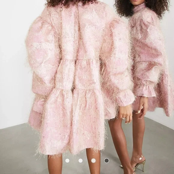 ASOS EDITION tiered smock mini dress with high neck in fluffy jacquard in pink - Picture 4 of 4